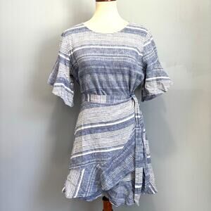 EXPRESS Striped Linen Cotton Faux Wrap Ruffle Mini Dress Beach Resort, Size L